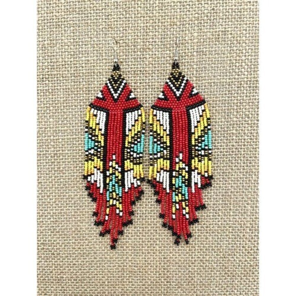 Handmade Miyuki Seed-Bead Fringe Dangling Earrings Western Style Red NWT - Picture 9 of 9